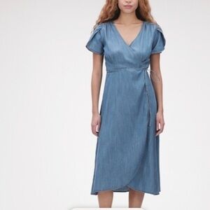GAP Denim/chambray A-Line Wrap Dress with Puff Cap Sleeves